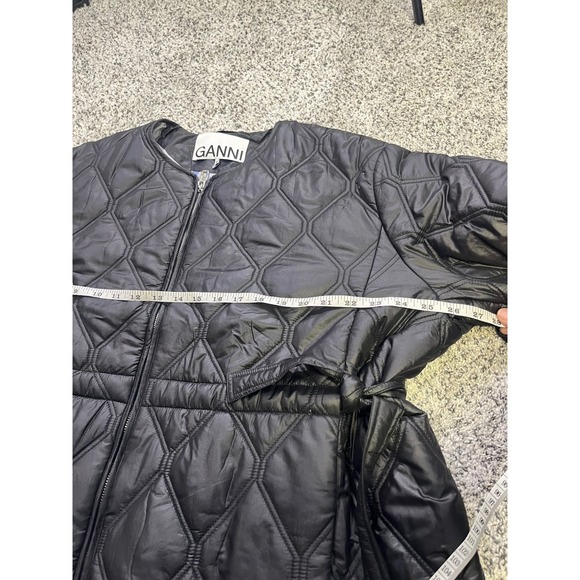GANNI Black Quilted Ripstop Jacket Tie Waist Collarless Zip Up Womens Size L - Picture 9 of 13